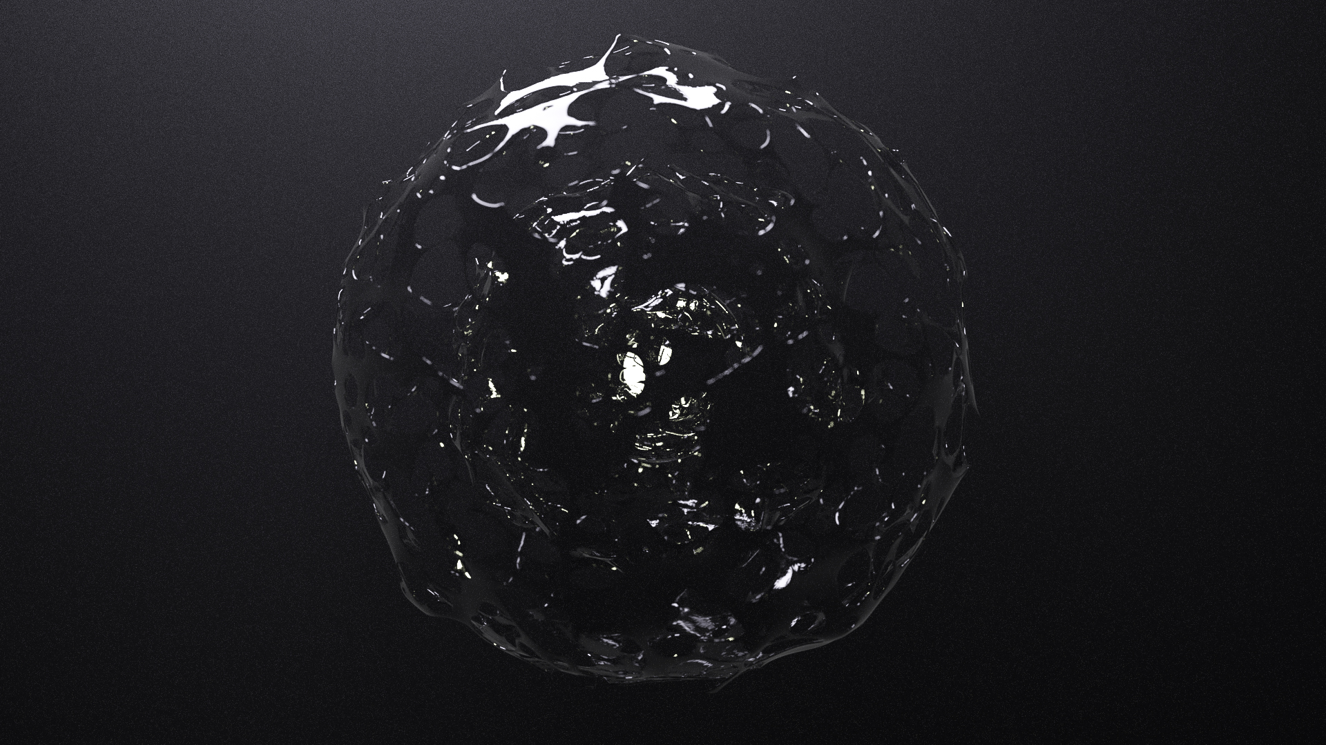 Green-tinted white light at the center of a few layers of a sphere made of a reflective black liquid-like substance.